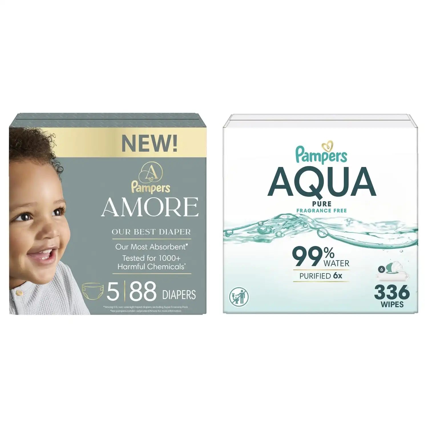 Pampers Amore Diapers Size 5, 88 Count, with Pampers Aqua Pure Water Based Baby Wipes 6X Flip-Top Packs (336 Count)