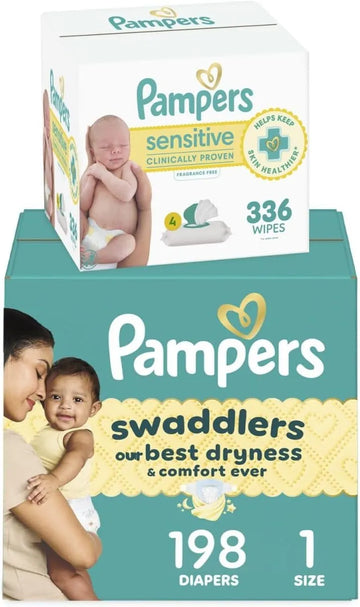 Pampers Swaddlers Disposable Baby Diapers Size 1, One Month Supply (198 Count) with Sensitive Water Based Baby Wipes 4X Pop-Top Packs (336 Count) [Packaging May Vary]