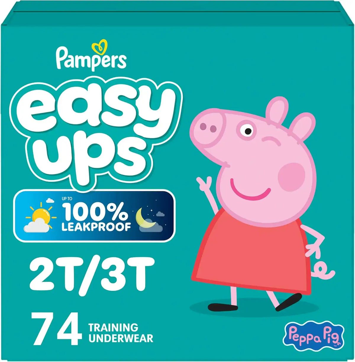 Easy Ups Girls & Boys Potty Training Pants, Size 4 (2T3T), 74 Count, Peppa Pig Absorbent Training Underwear, Up to 100% Leakproof Day and Night, Hypoallergenic