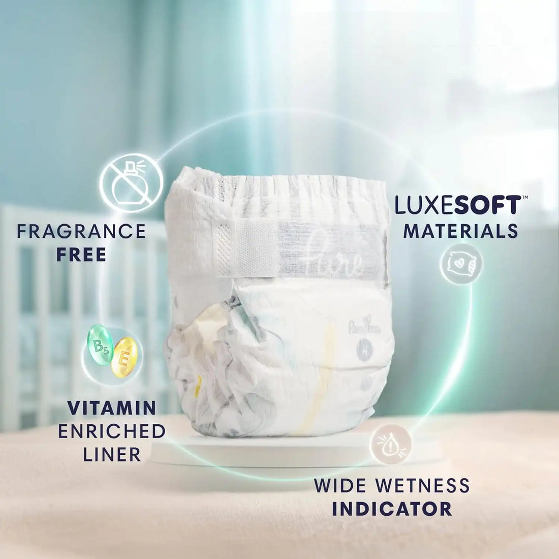 Pampers Pure Baby Diapers, Size 2 (12-18 lbs), 186, Up to 100% Leakproof, Premium Hypoallergenic Soft Diapers