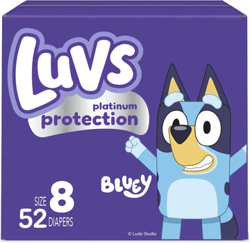 Luvs Size 8 Baby Diapers, Platinum Protection Bluey Diapers for Day & Night,Size 8 (46+ lb), 52 Count