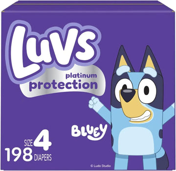 Luvs Size 4 Baby Diapers, Platinum Protection Bluey Diapers for Day & Night,Size 4 (22-37 lbs), 198 Count