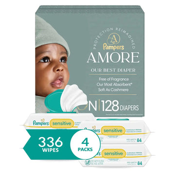 Pampers Amore Diapers Size 0, 128 Count, with Pampers Sensitive Water Based Baby Wipes 4X Flip-Top Packs (336 Count) [Packaging May Vary]