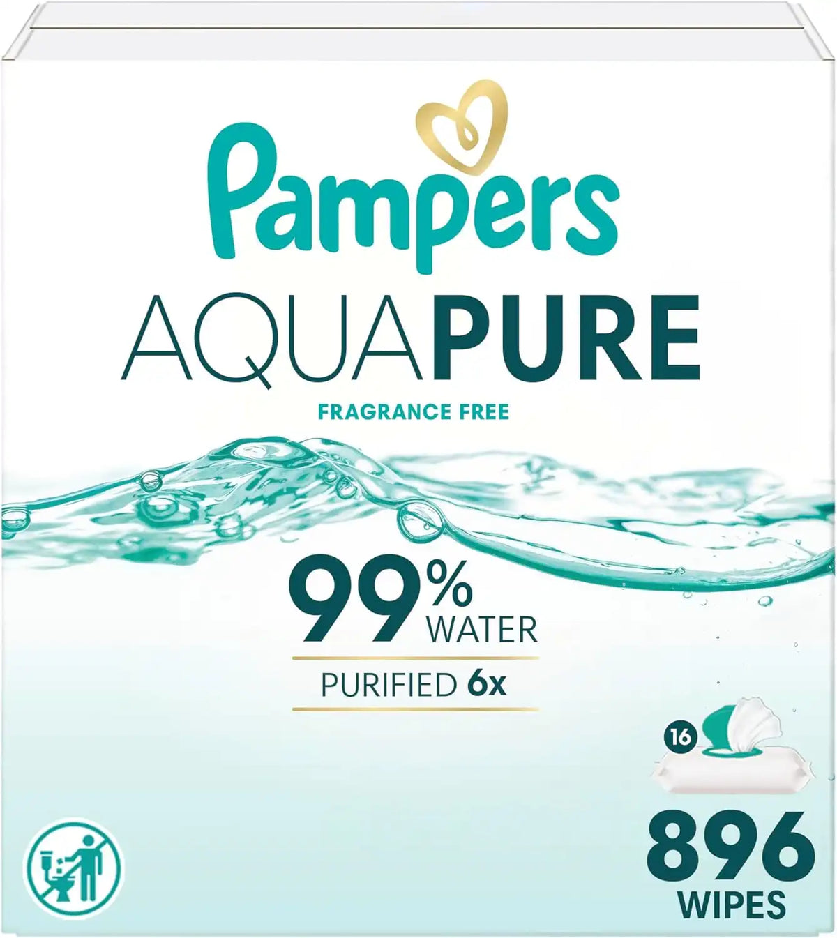 Pampers Aqua Pure Baby Wipes, 99% Water, Fragrance Free, Unscented, Water Based, Multi-Use, 896 Wipes Total (16X Flip-Top Packs) [Packaging May Vary]
