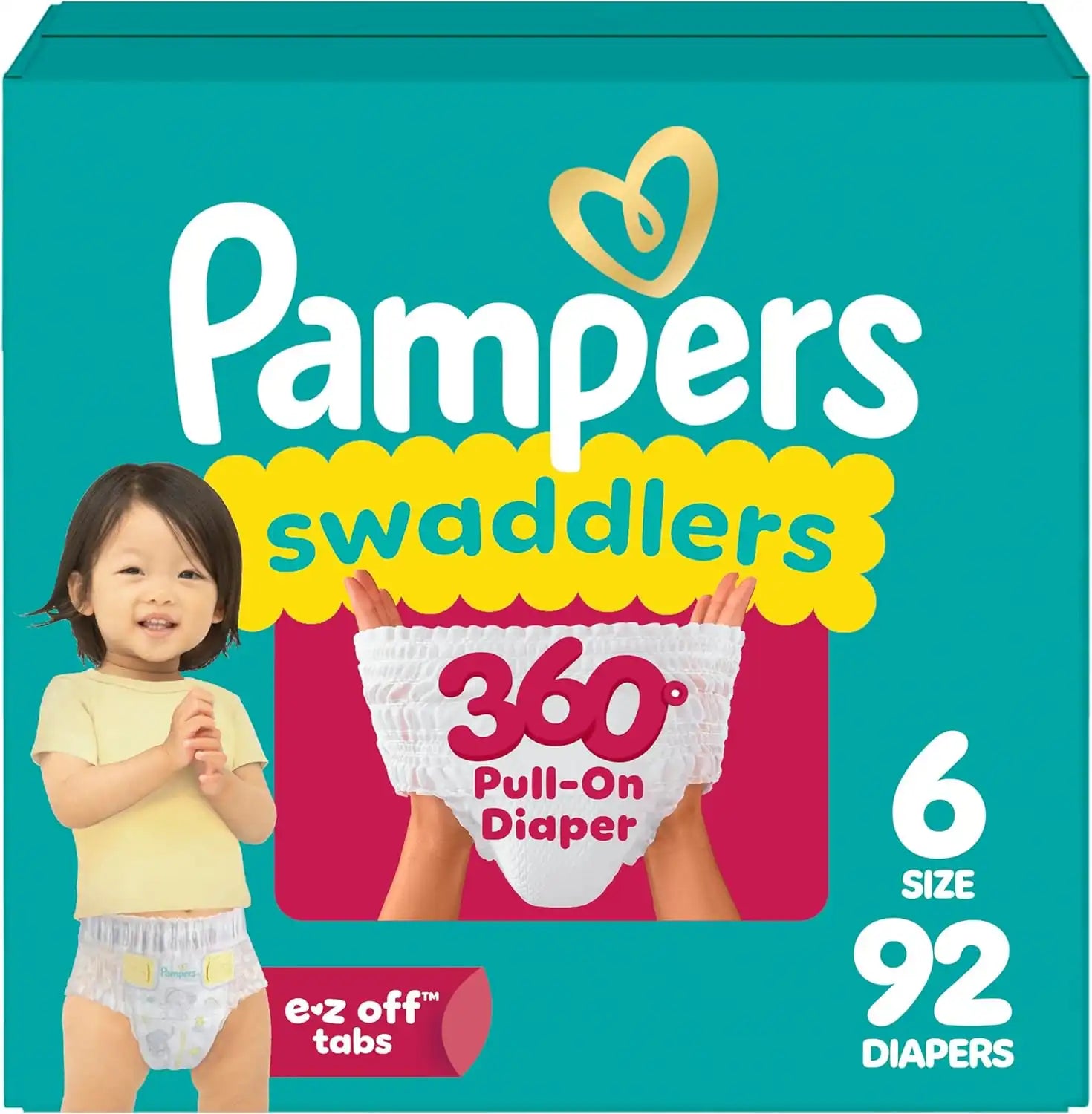 Pampers Diapers - Swaddlers 360° - Size 6, 92 Count, up to 100% Leakproof Comfy Dry Fit, Designed for Easy Changes, Pull On Baby Diaper (Packaging May Vary)