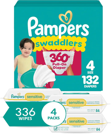 Pampers Swaddlers 360 Pull-On Diapers, Size 4, 132 Count, with Sensitive Baby Wipes, 4 Flip-Top Packs (336 Wipes Total) [Packaging May Vary]