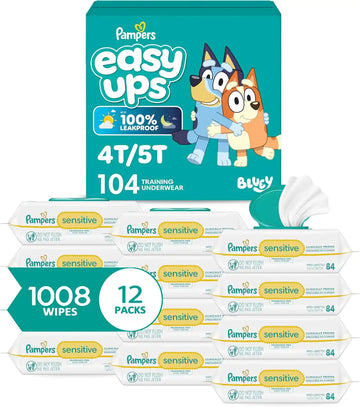 Pampers Easy Ups Pull On Bluey Training Pants Boys and Girls, 4T-5T, One Month Supply (104 Count) with Sensitive Water Based Baby Wipes 12 Flip-Top Packs (1008 Wipes Total)
