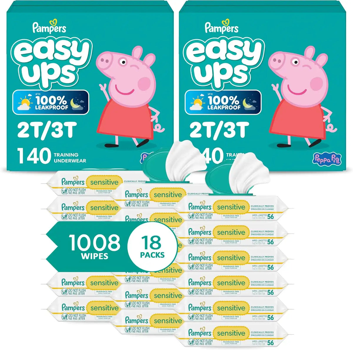 Pampers Easy Ups Pull On Training Underwear Girls, 2T-3T, 2 Month Supply (2 x 140 Count) with Sensitive Water Based Baby Wipes 12X Multi Pack Pop-Top and Refill (1008 Count)