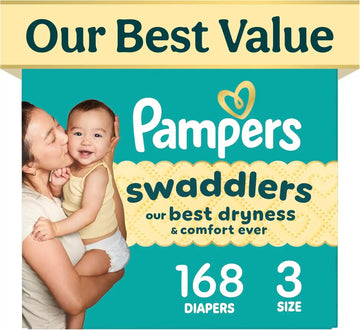 Pampers Swaddlers Diapers, Size 3 (13-26 lbs), 168 Count, Fragrance Free, Hypoallergenic, Absorbent, Pediatrician Recommended, Skin Safe