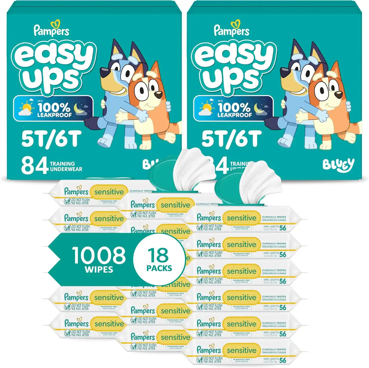 Pampers Easy Ups Pull On Training Underwear Boys, 5T-6T, 2 Month Supply (2 x 84 Count) with Sensitive Water Based Baby Wipes 12X Multi Pack Pop-Top and Refill (1008 Count)