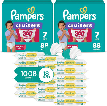 Pampers Pull On Cruisers 360° Fit Disposable Baby Diapers Size 7, 2 Months Supply (2 x 88 Count) with Sensitive Water Based Baby Wipes 12X Multi Pack Pop-Top and Refill (1008 Count)
