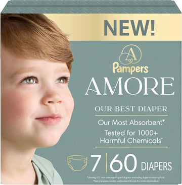 Pampers Amore, Size 7 (26-50 lbs), 60 Count, Our Best Diaper – Hypoallergenic & Fragrance Free, Up to 100% Leakproof, Soft as Cashmere