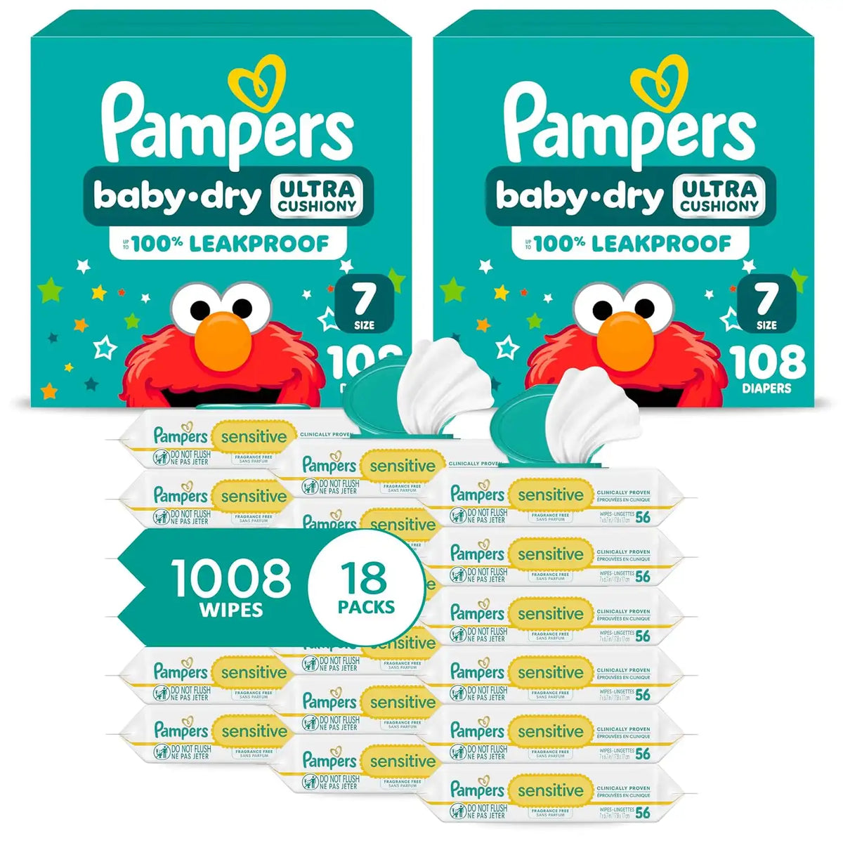 Pampers Baby Dry Disposable Baby Diapers Size 7, 2 Month Supply (2 x 108 Count) with Sensitive Water Based Baby Wipes 12X Multi Pack Pop-Top and Refill (1008 Count) [Packaging May Vary]