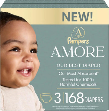 Pampers Amore, Size 3 (13-26 lbs), 168 Count, Our Best Diaper – Hypoallergenic & Fragrance Free, Up to 100% Leakproof, Soft as Cashmere