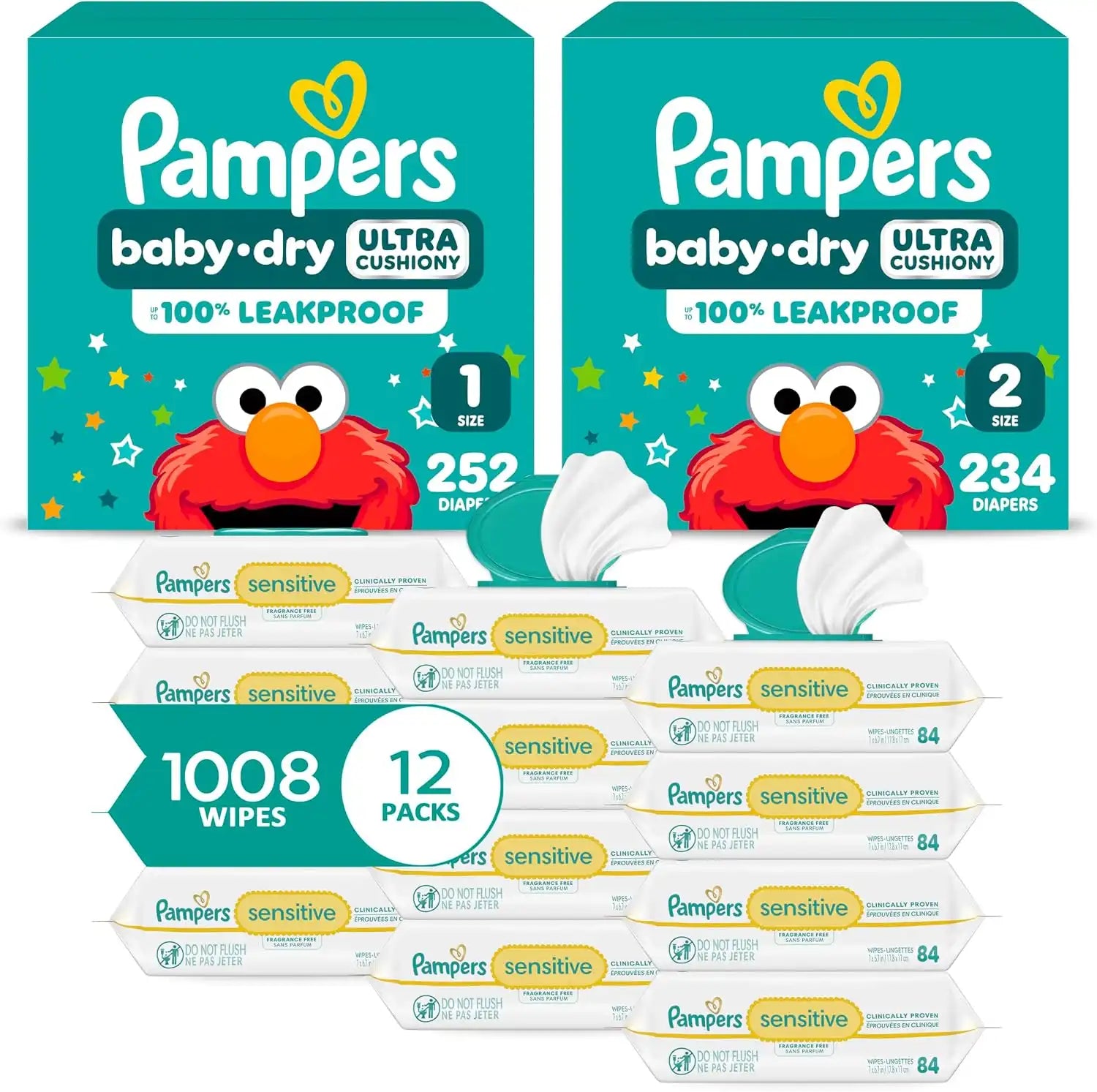 Pampers Baby Dry Disposable Baby Diapers Starter Kit, Sizes 1 (252 Count) & 2 (234 Count), with Sensitive Water Based Baby Wipes 12 Flip-Top Packs (1008 Wipes Total)