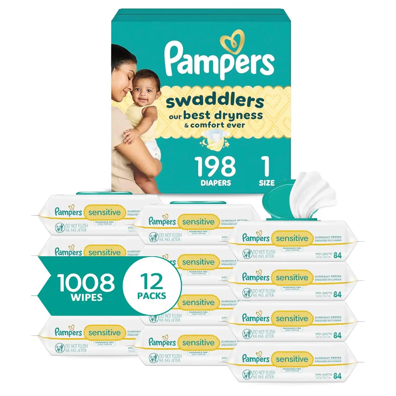 Pampers Swaddlers Disposable Baby Diapers Size 1, 198 Count with Sensitive Water Based Baby Wipes 12 Flip-Top Packs (1008 Wipes Total)