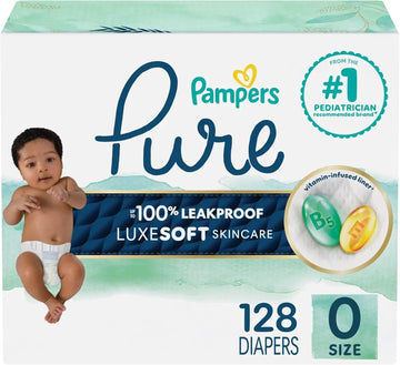 Pampers Pure Baby Diapers, Size 0 (>10 lbs ), 128, Up to 100% Leakproof, Premium Hypoallergenic Soft Diapers