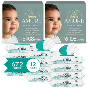 NEW Pampers Amore, Size 6 (23-44 lbs), 108 Count, Our Best Diaper + Pampers Baby Wipes Aqua Pure, 99% Water-Based Wipes, Hypoallergenic and Unscented Infant Wipe, 672 Total (12 Flip-Top Packs)