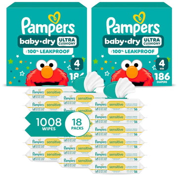 Pampers Baby Dry Disposable Baby Diapers Size 4, 2 Month Supply (2 x 186 Count) with Sensitive Water Based Baby Wipes 12X Multi Pack Pop-Top and Refill (1008 Count) [Packaging May Vary]