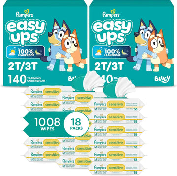Pampers Easy Ups Pull On Training Pants Boys, 2T-3T, 2 Month Supply (2 x 140 Count) with Sensitive Water Based Baby Wipes 12X Multi Pack Pop-Top and Refill (1008 Count)