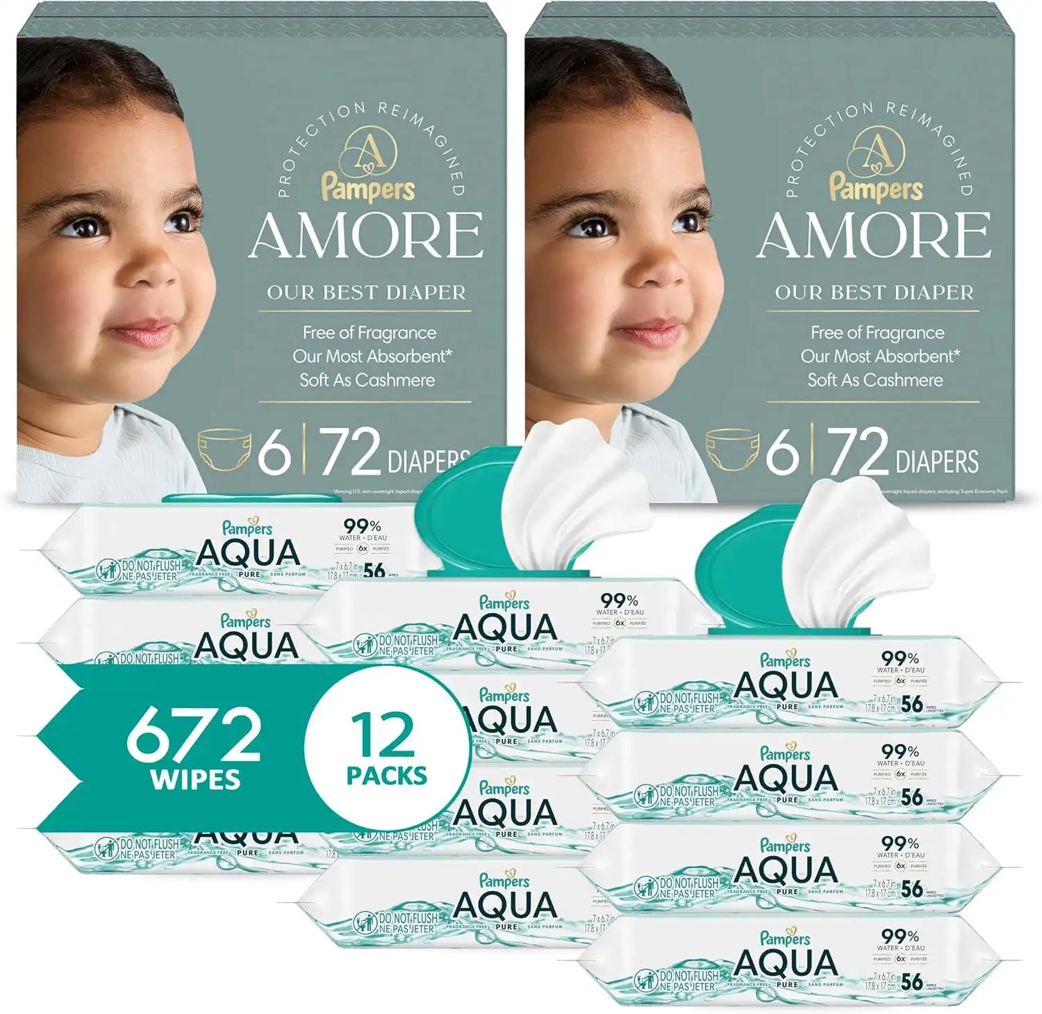 Pampers Amore Diapers Size 6, 2 x 72 Count, with Pampers Aqua Pure Water Based Baby Wipes 12X Flip-Top Packs (672 Count)