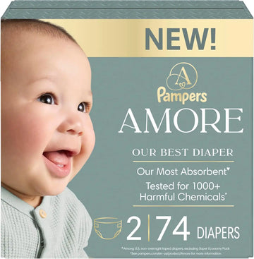 Pampers Amore, Size 2 (10-22 lbs), 74 Count, Our Best Diaper – Hypoallergenic & Fragrance Free, Up to 100% Leakproof, Soft as Cashmere