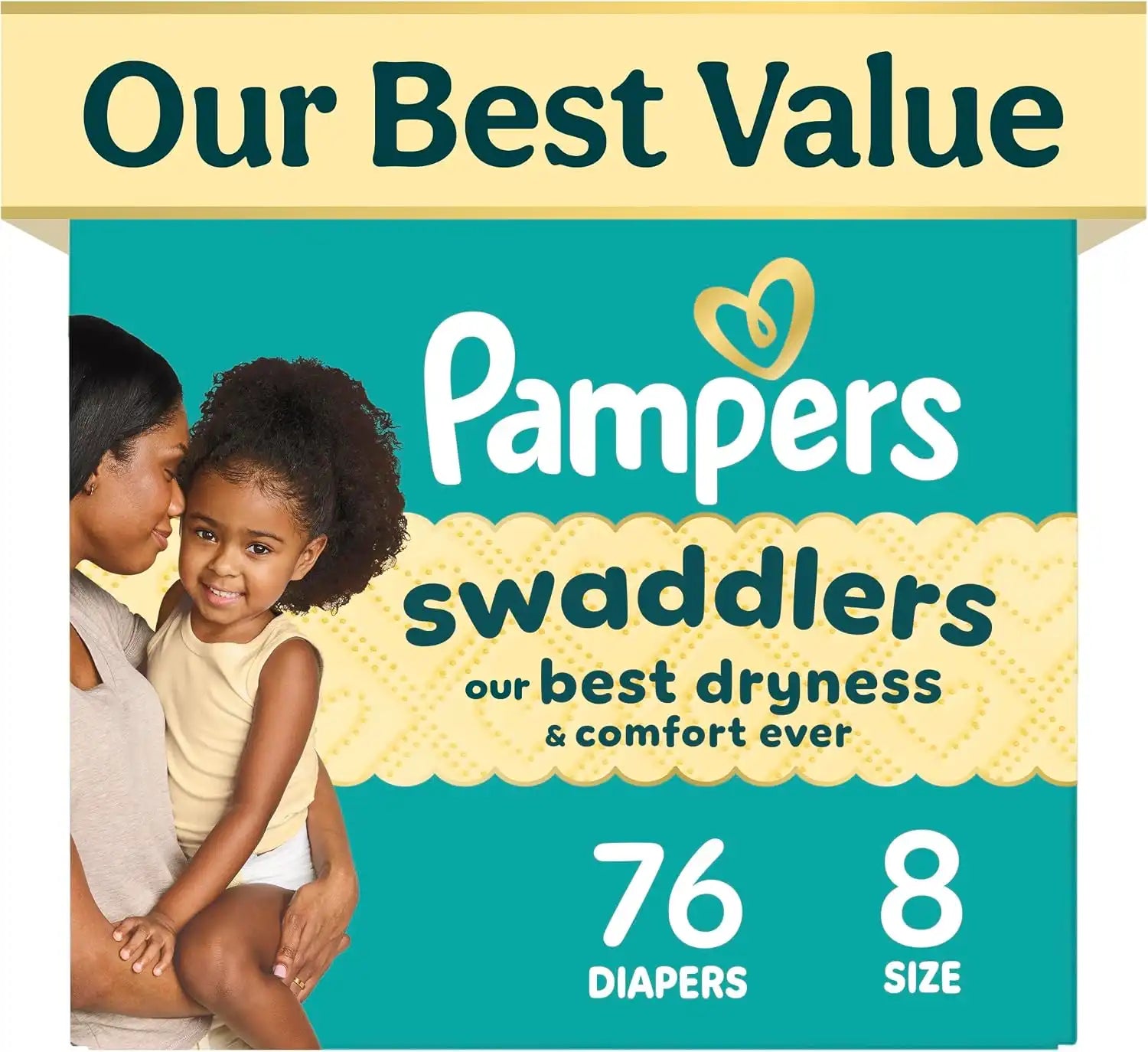 Pampers Swaddlers Diapers, Size 8 (30+ lbs), 76 Count, Fragrance Free, Hypoallergenic, Absorbent, Pediatrician Recommended, Skin Safe