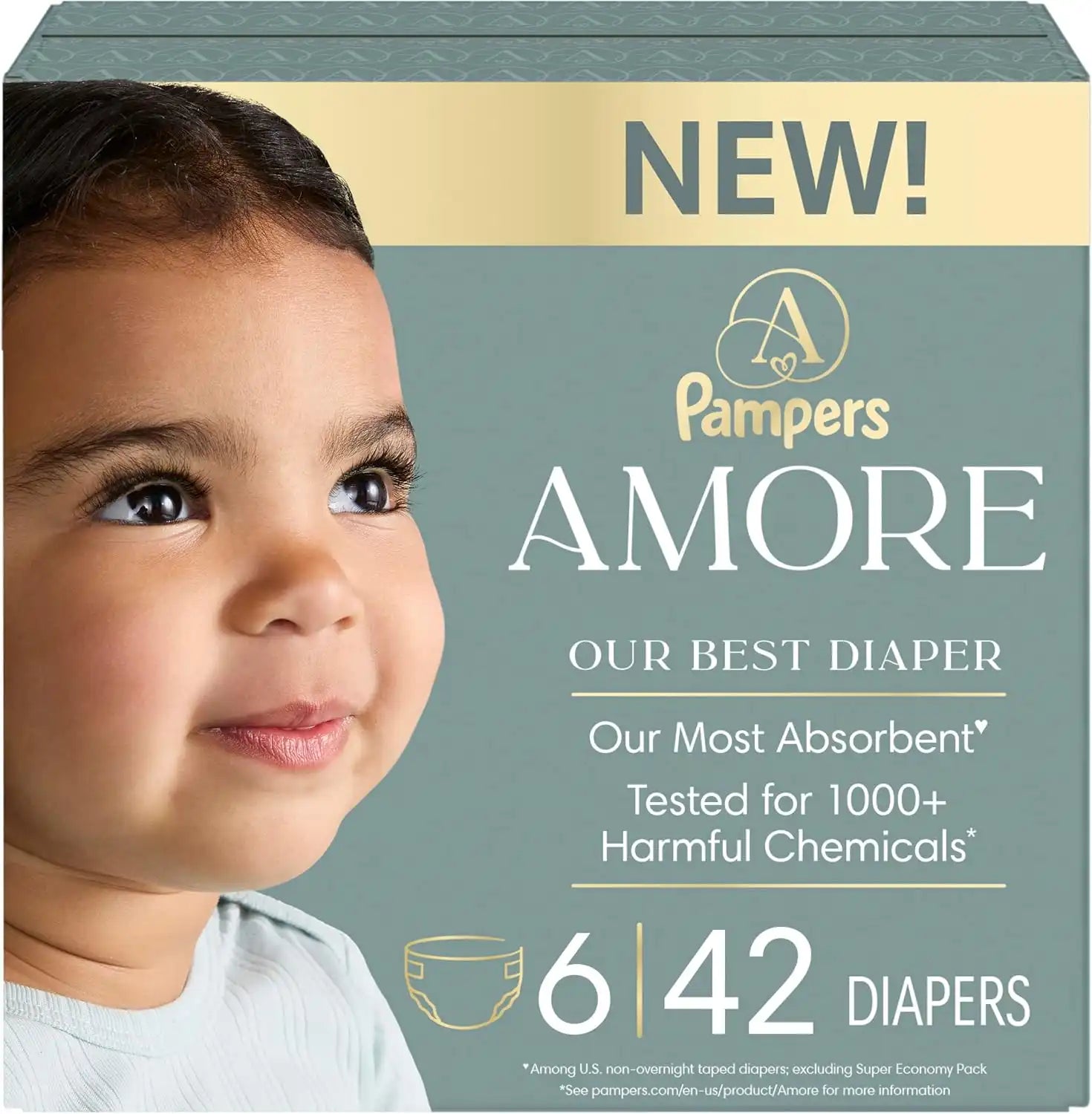 Pampers Amore, Size 6 (23-44 lbs), 42 Count, Our Best Diaper – Hypoallergenic & Fragrance Free, Up to 100% Leakproof, Soft as Cashmere