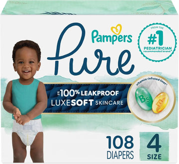 Pampers Pure Baby Diapers, Size 4 (22-37 lbs), 108, Up to 100% Leakproof, Premium Hypoallergenic Soft Diapers
