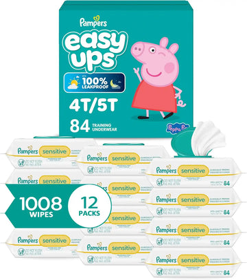 Pampers Easy Ups Pull On Training Pants Peppa Pig, 5T-6T, One Month Supply (844 Count) with Sensitive Water Based Baby Wipes 12 Flip-Top Packs (1008 Wipes Total)