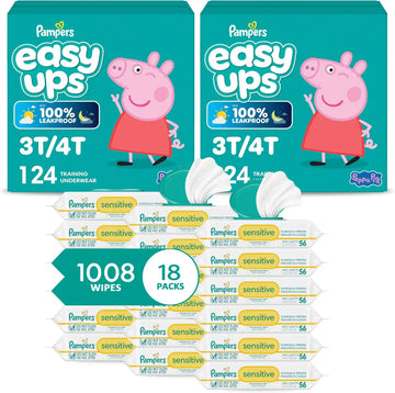 Pampers Easy Ups Pull On Training Underwear Girls, 3T-4T, 2 Month Supply (2 x 124 Count) with Sensitive Water Based Baby Wipes 12X Multi Pack Pop-Top and Refill (1008 Count)