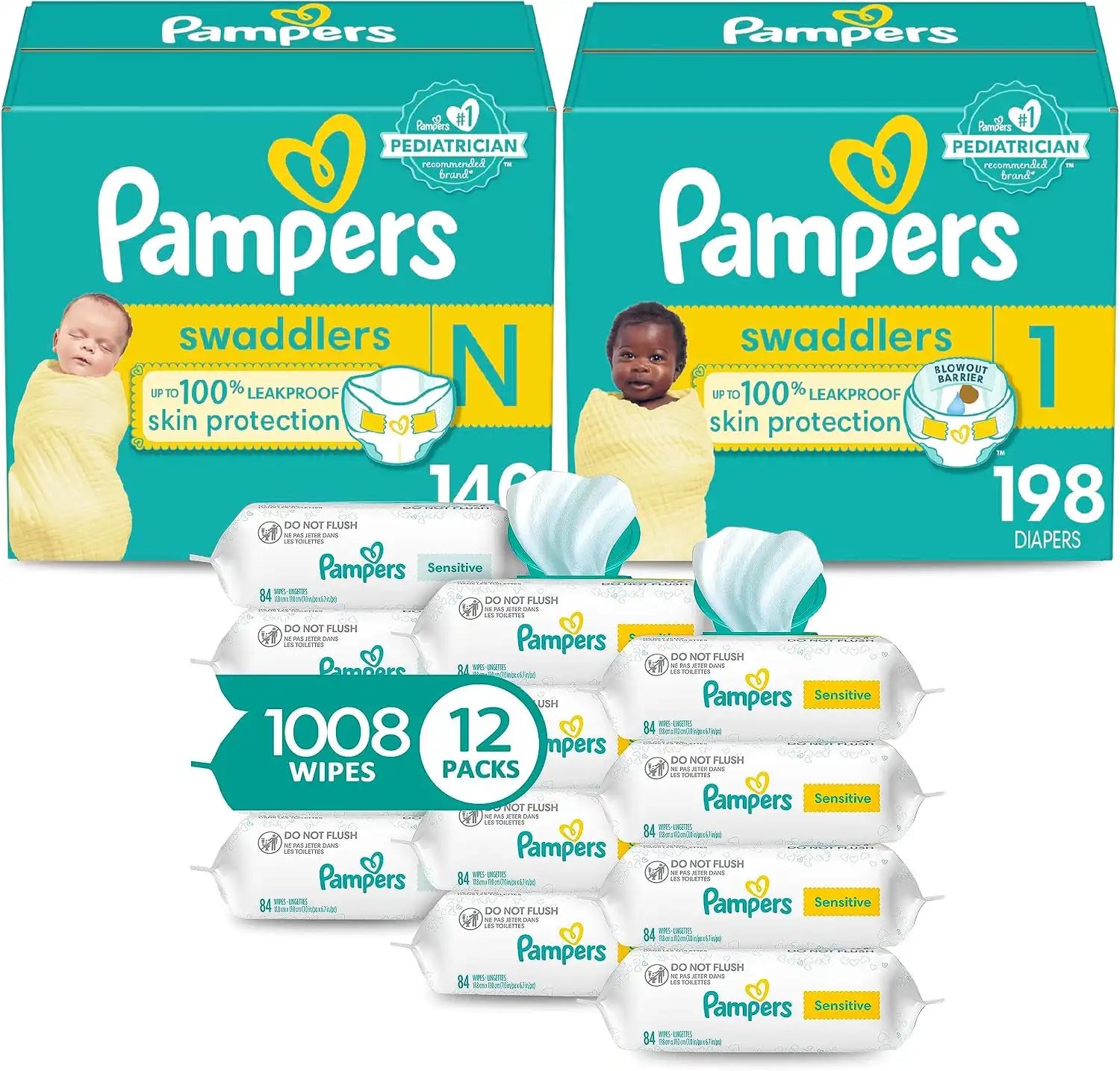 Pampers Swaddlers Disposable Baby Diapers, Newborn/Size 0, 140 Count and Swaddlers Disposable Baby Diapers, Size 1 (8-14 lbs), 198 Count