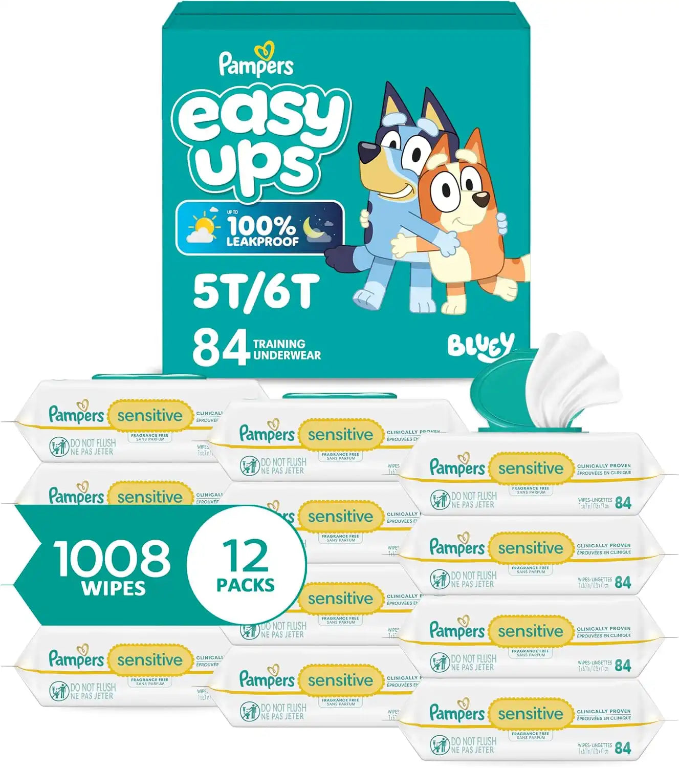 Pampers Easy Ups Pull On Bluey Training Pants Boys and Girls, 5T-6T, One Month Supply (844 Count) with Sensitive Water Based Baby Wipes 12 Flip-Top Packs (1008 Wipes Total)