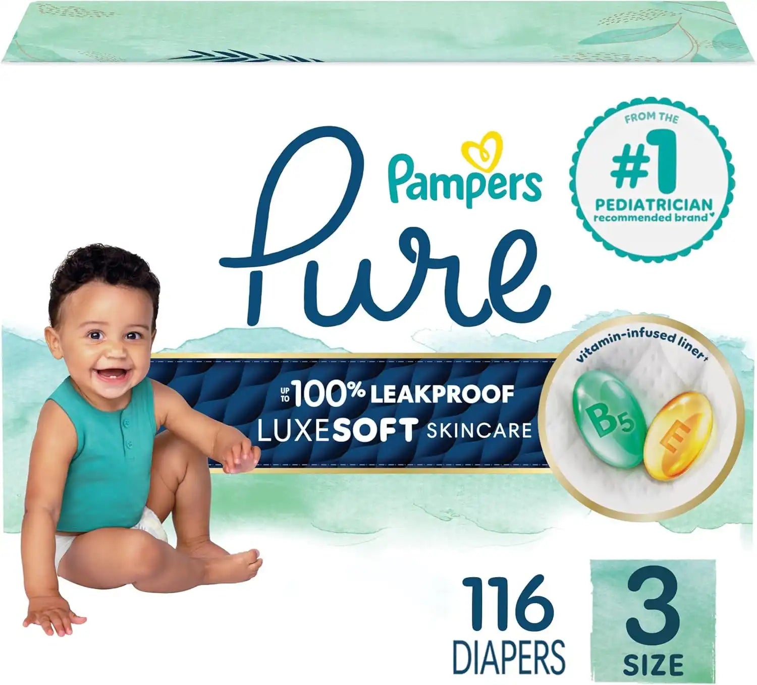 Pampers Pure Baby Diapers, Size 3 (16-28 lbs), 116, Up to 100% Leakproof, Premium Hypoallergenic Soft Diapers