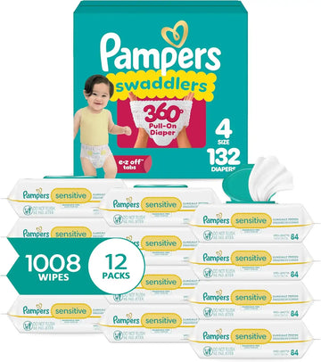 Pampers Swaddlers 360 Pull-On Diapers, Size 4, 132 Count, with Sensitive Water Based Baby Wipes 12 Flip-Top Packs (1008 Wipes Total)