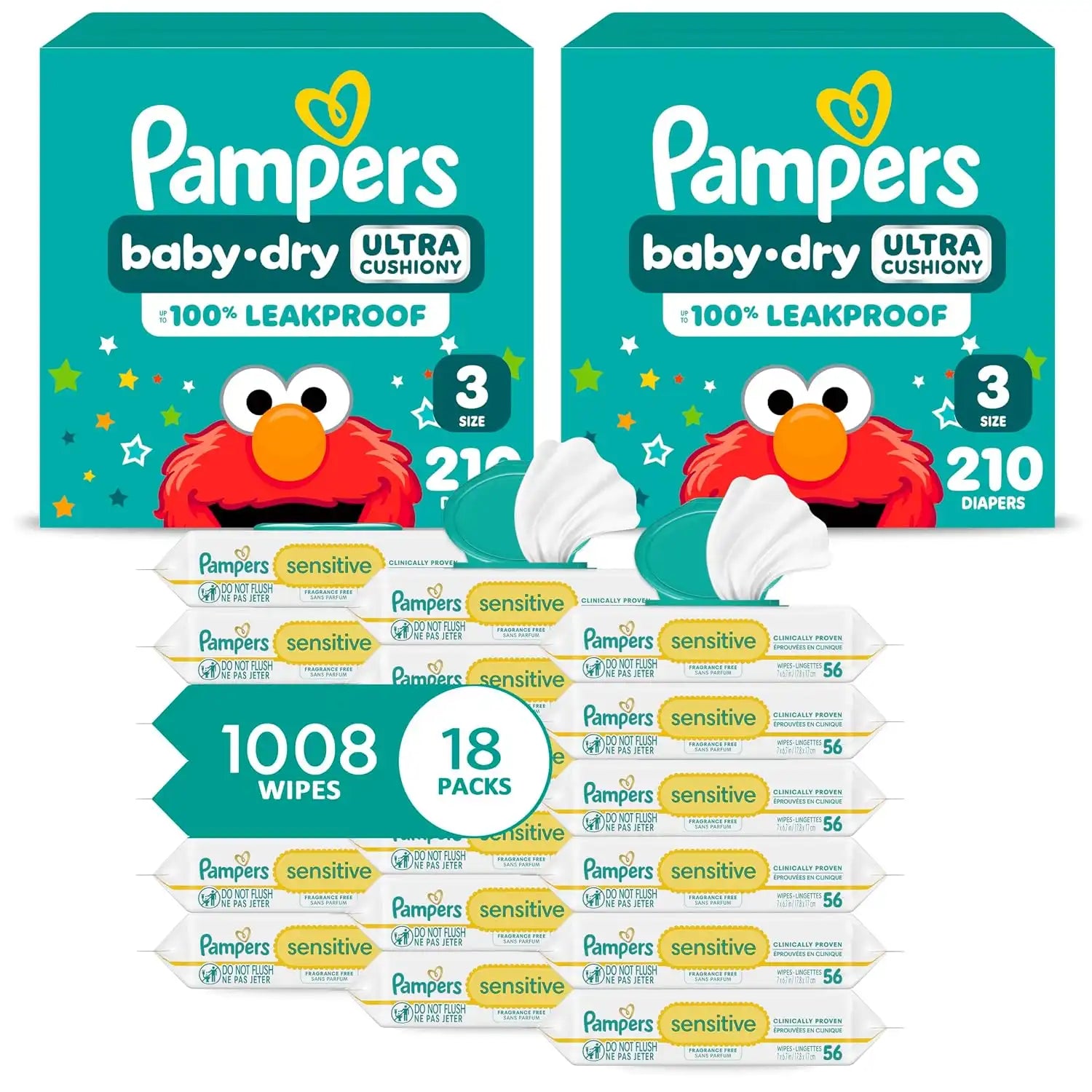 Pampers Baby Dry Disposable Baby Diapers Size 3, 2 Month Supply (2 x 210 Count) with Sensitive Water Based Baby Wipes 12X Multi Pack Pop-Top and Refill (1008 Count) [Packaging May Vary]